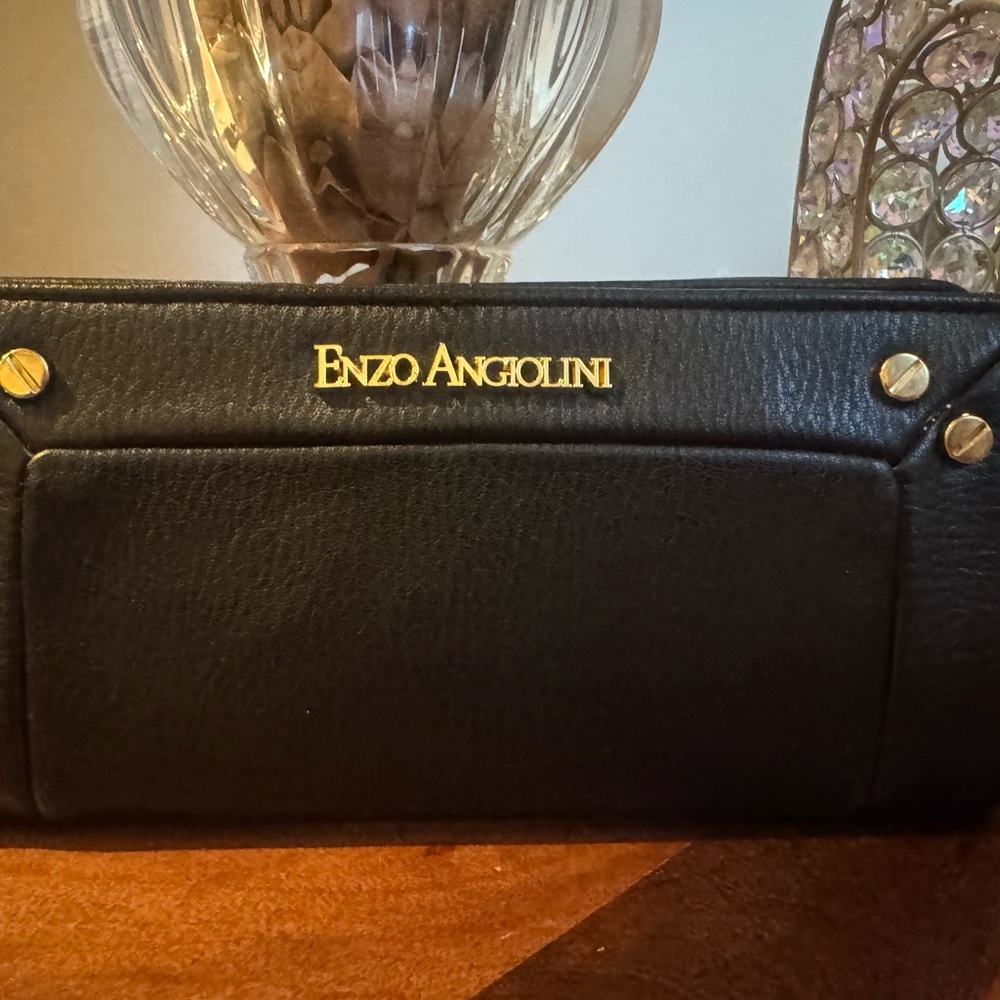 Enzo Angiolini Black Leather Clutch with Gold Details / NWT